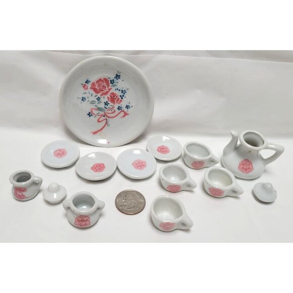 Vintage 1990s Miniature Dollhouse Porcelain 14 Piece Tea Set Pink Floral Design - Picture 2 of 8